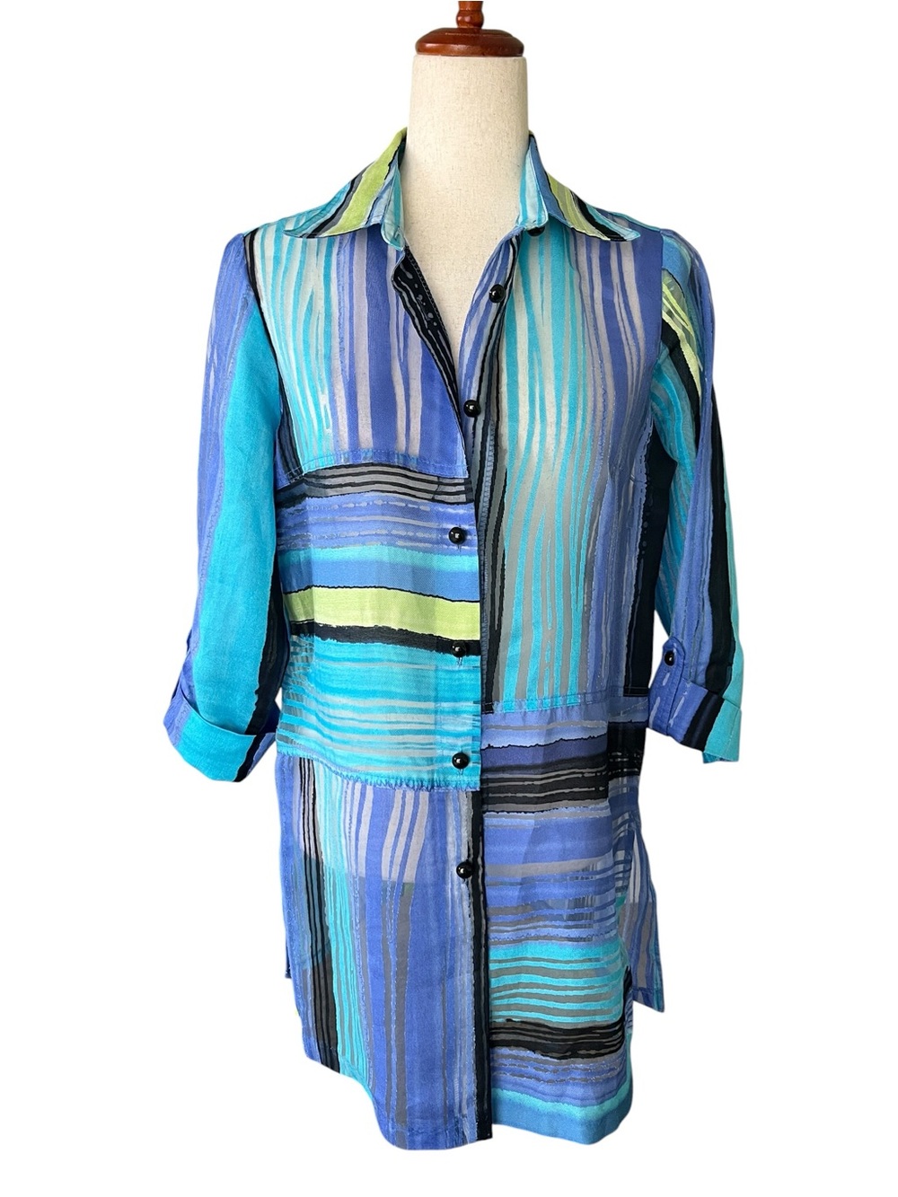 Cheryl Nash Windridge Striped Blue & Teal Semi Sheer Button Down Tunic
